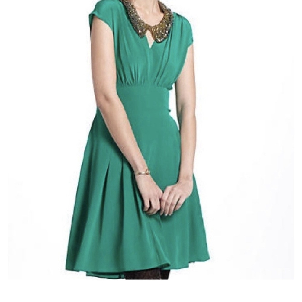 Lil Anthropologie Pleated Green Shift Dress S Preppy Academia Old Money Back Tie